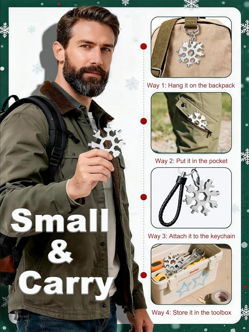 ZONICE 18-in-1 Snowflake Multi Tool – Stainless Steel with Bottle Opener & Wrench,Compact EDC Tool for Camping,Fishing,Hiking, Stocking Stuffers,Gifts for Men,Dad,Husband (Silver) - Image 5